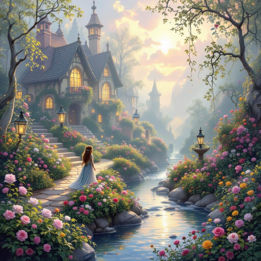 Ethereal Fairy Elven Garden Scene in Kinkade Style