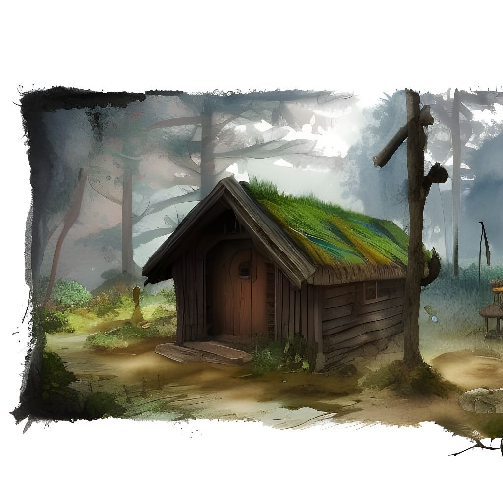 Watercolor Hut in Woods: Detailed Matte Painting