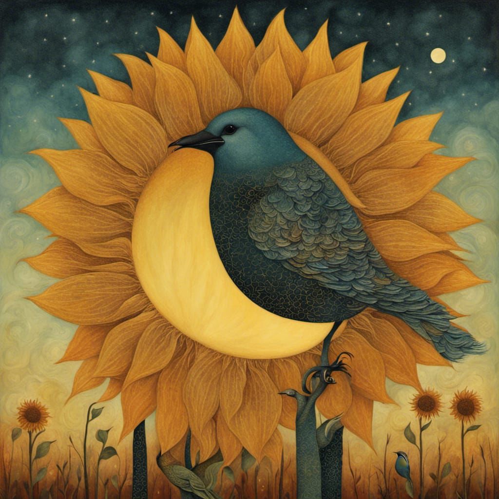 Sunflower and Bird at Sunset: Surreal Art