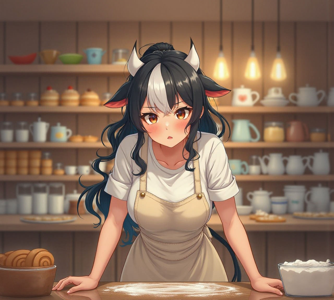 Anime Cow-Woman in Bakery, Soft Lighting