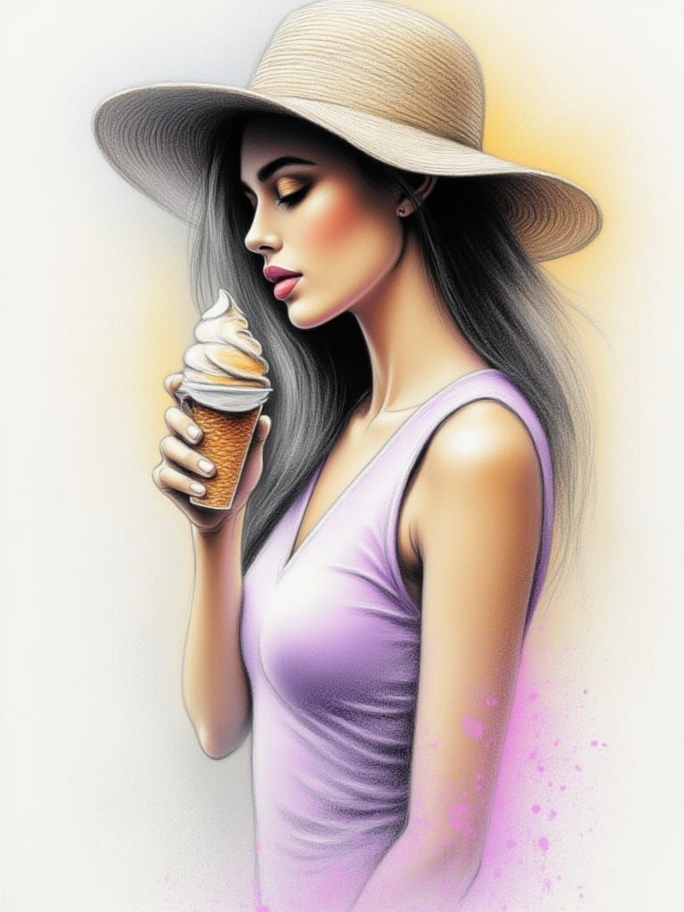 Woman in Summer Hat Eating Soft Serve Ice Cream