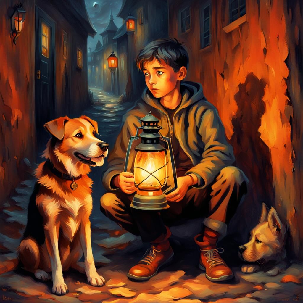 Boy with Lantern in Eerie Neo-Impressionist Style