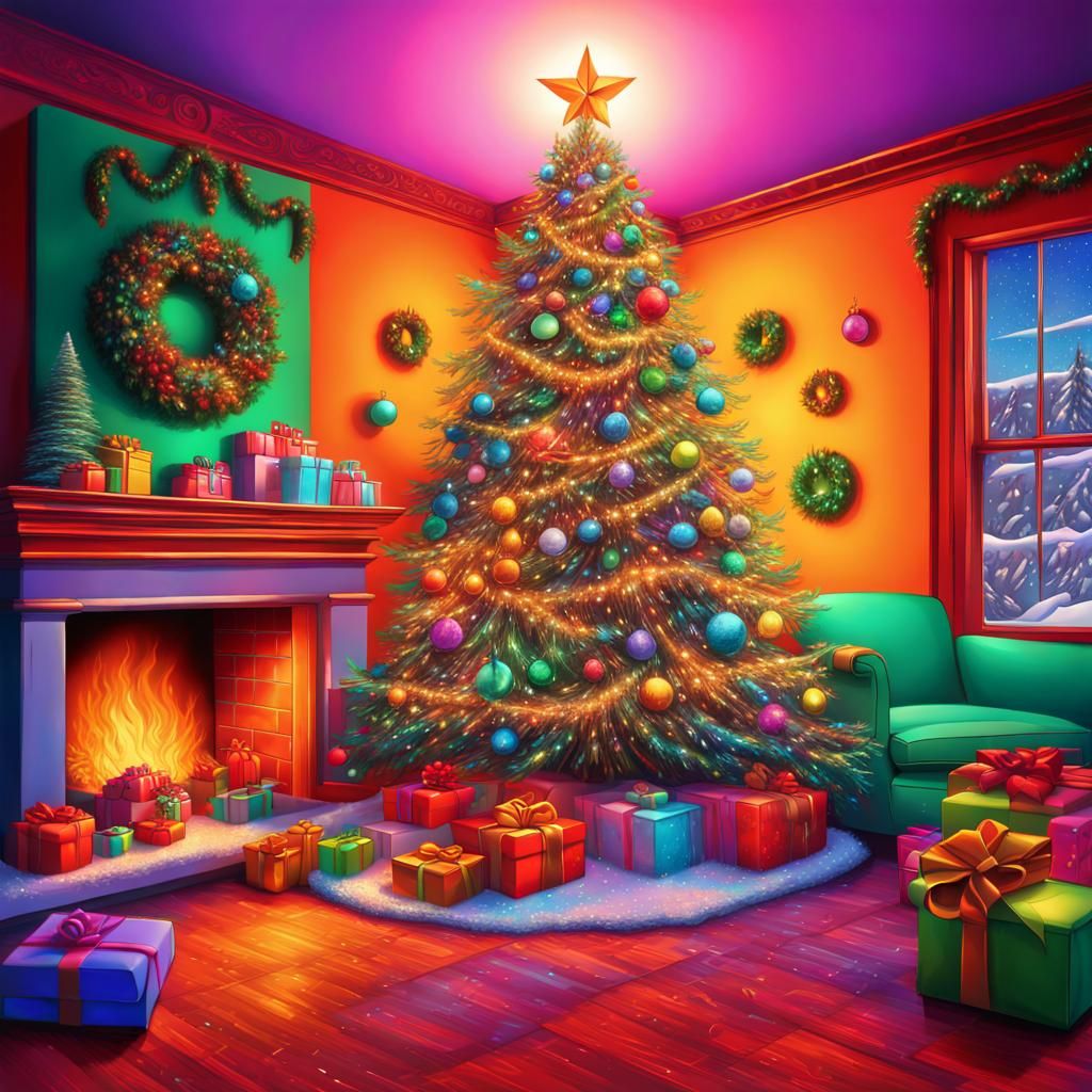 Psychedelic Christmas Tree with Gifts and Snow