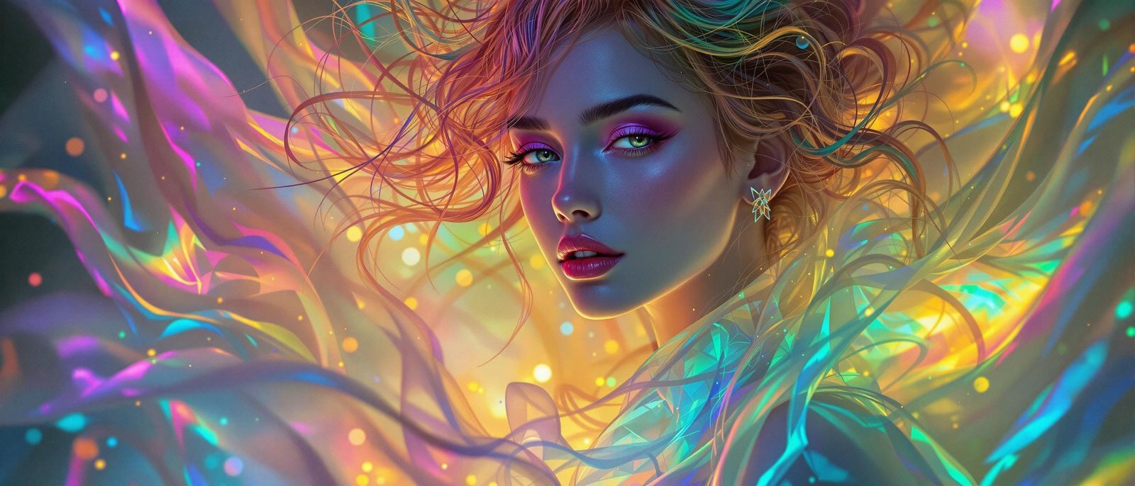 Majestic Woman in Rainbow Gown, Ethereal Beauty