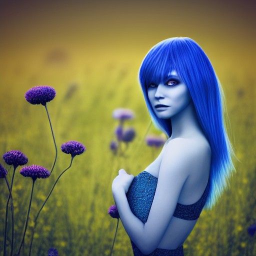 Beautiful Blue Alien in a Flower Field