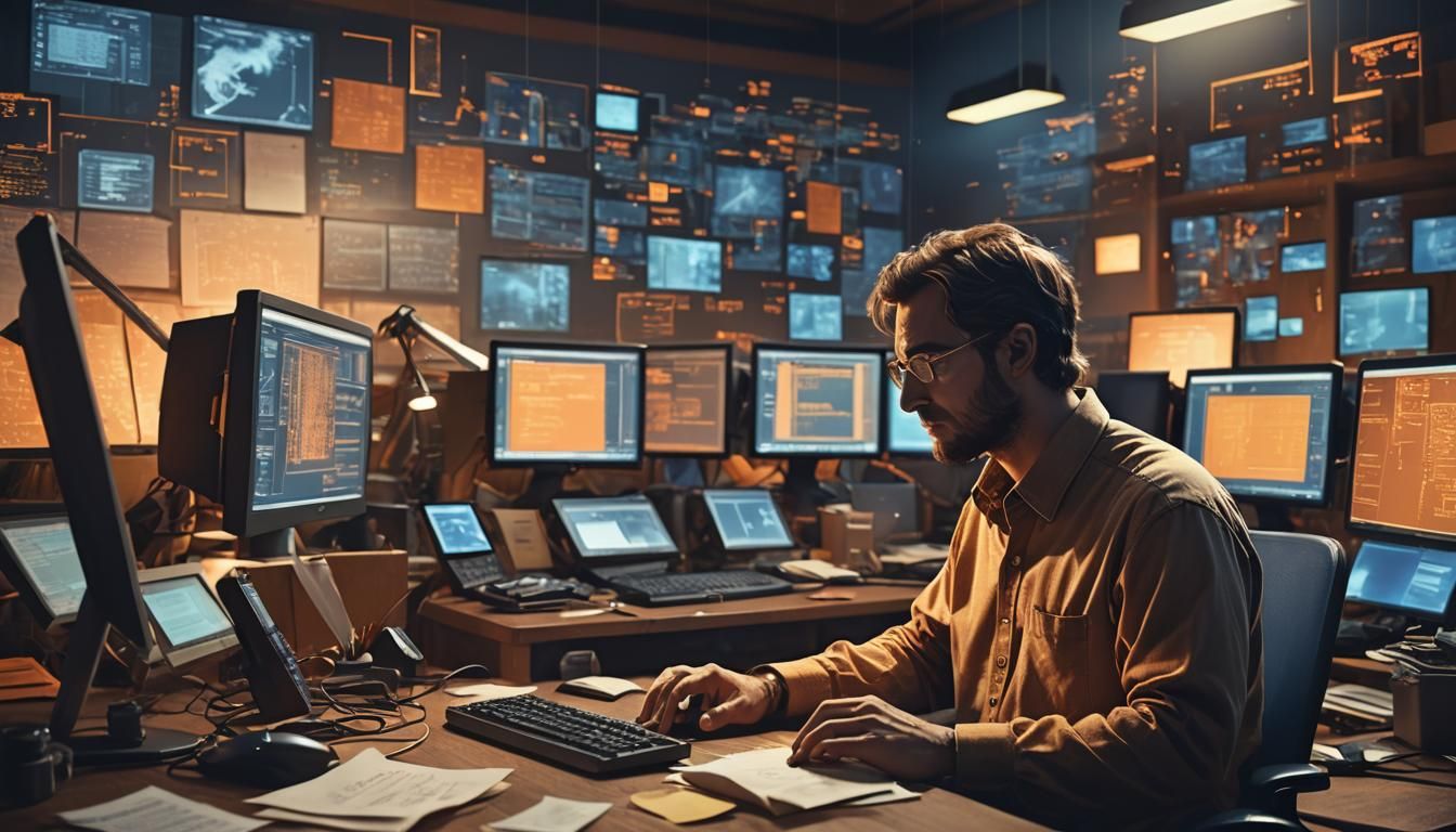 Web Developer in Dimly Lit High-Tech Office