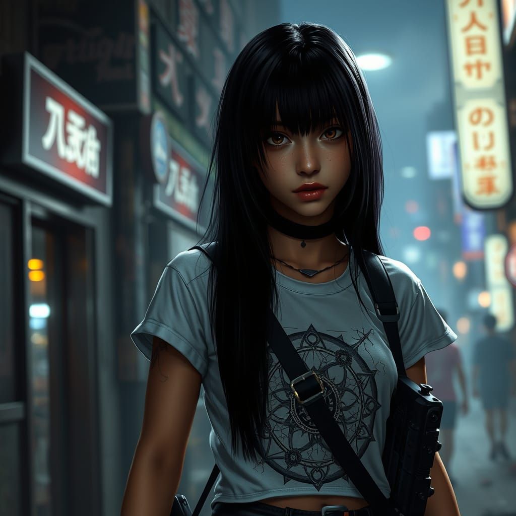 Cyberpunk Woman in Dimly Lit City Street