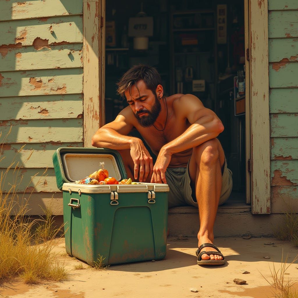 Sweat-Drenched Man Confronts Sweltering Heat in Digital Illu...