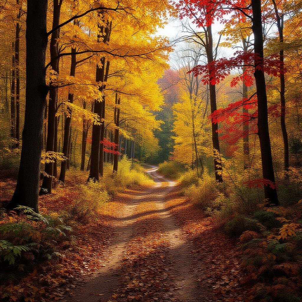 Realistic Autumn Forest Trail with Vibrant Fall Foliage