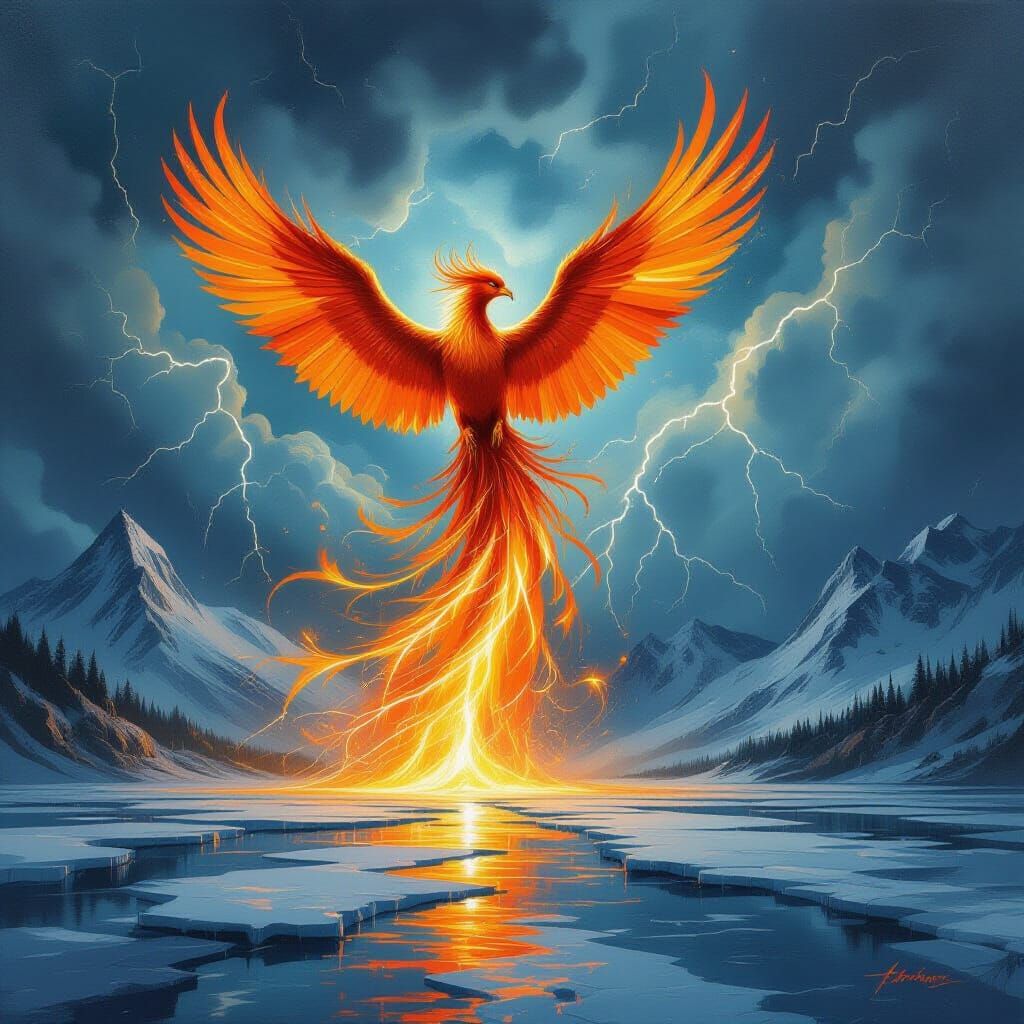 Fiery Phoenix Ascends Stormy Sky with Lightning and Mountain...