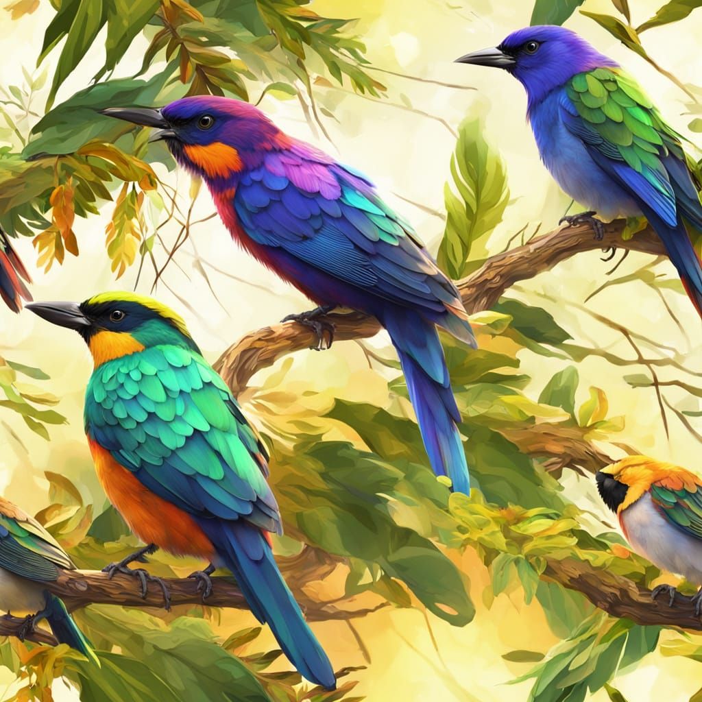 Majestic Birds on Branch in Vibrant Digital Art
