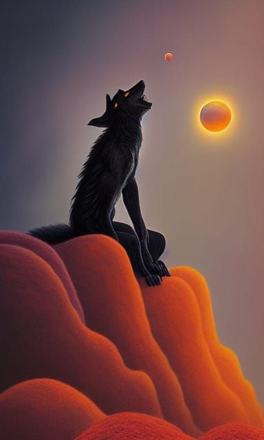 Black Werewolf Howling at Blood Moon in Psychedelic Portrait