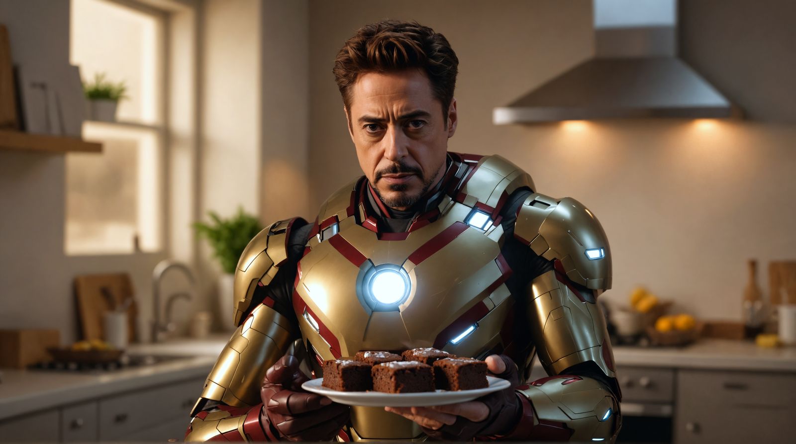 Iron Man Savoring Brownies in a Cyberpunk Kitchen