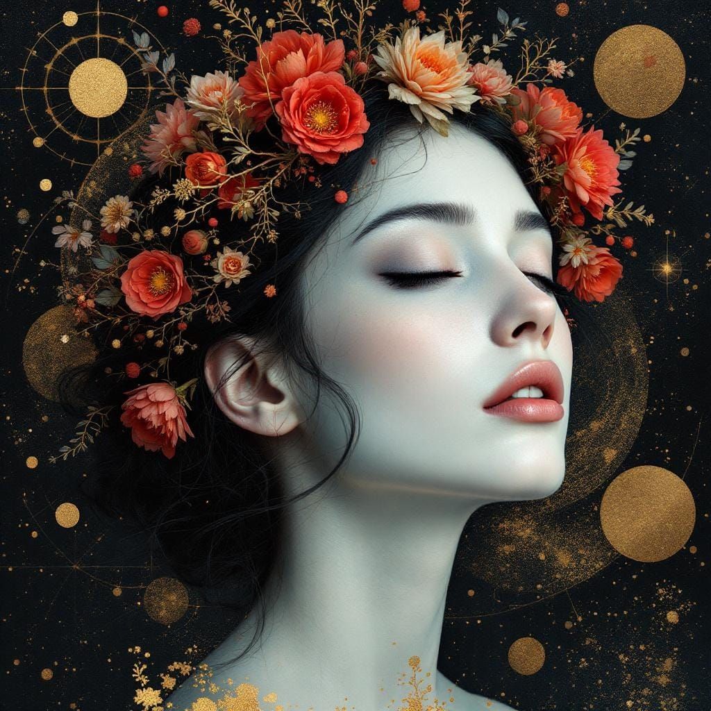 Ethereal Woman with Floral Crown in Cosmic Scene