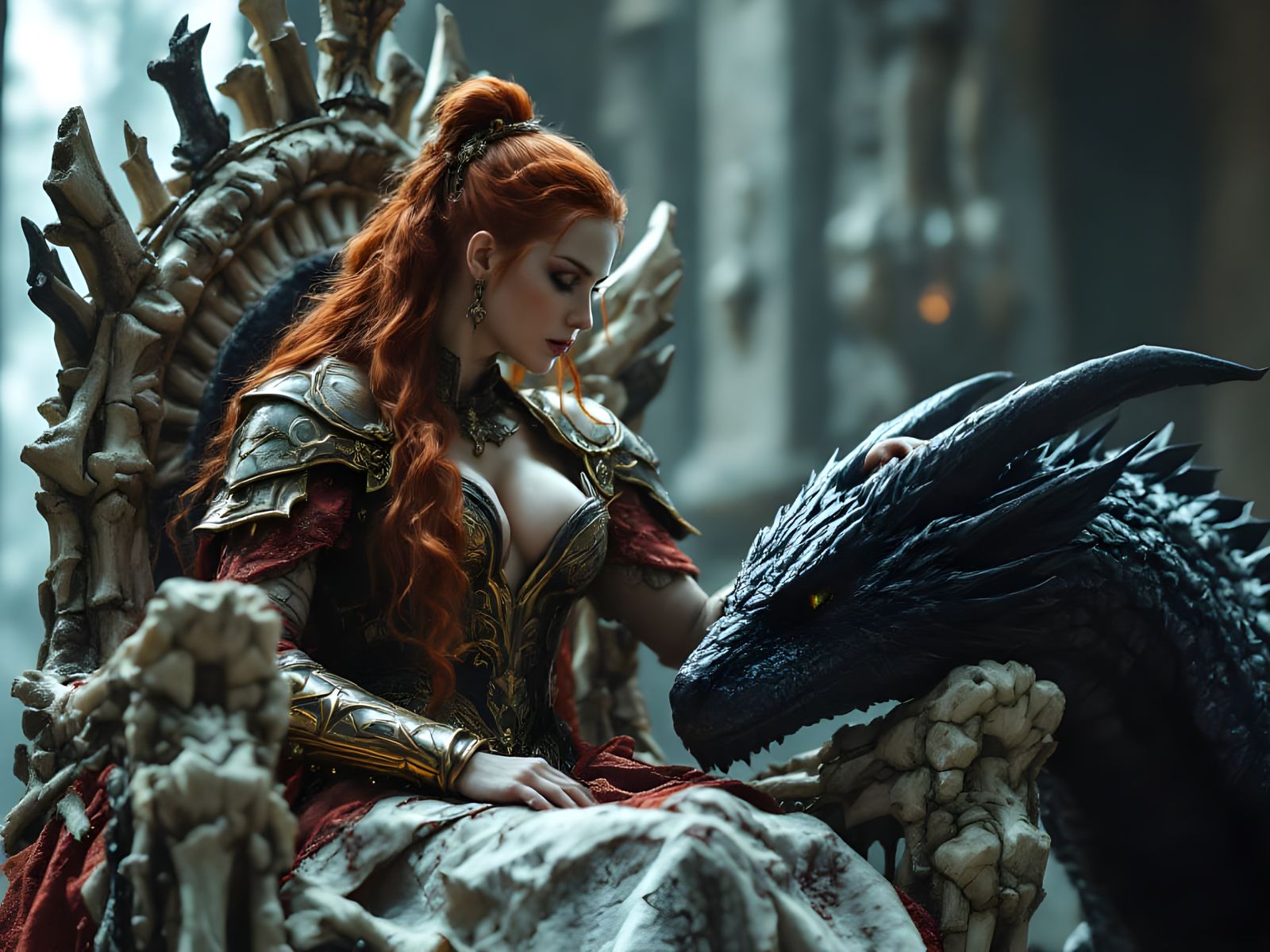 Redheaded Warrior Queen with Dragon on Bone Throne