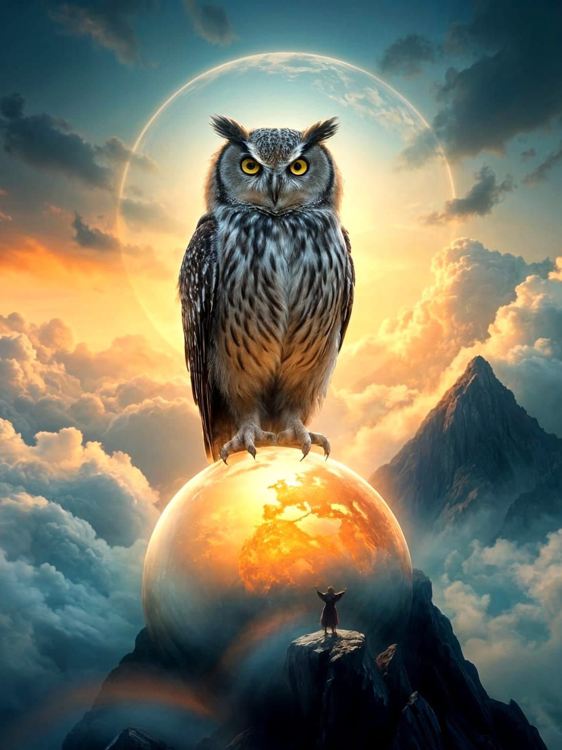 Ethereal Owl on Globe, Dreamy Landscape