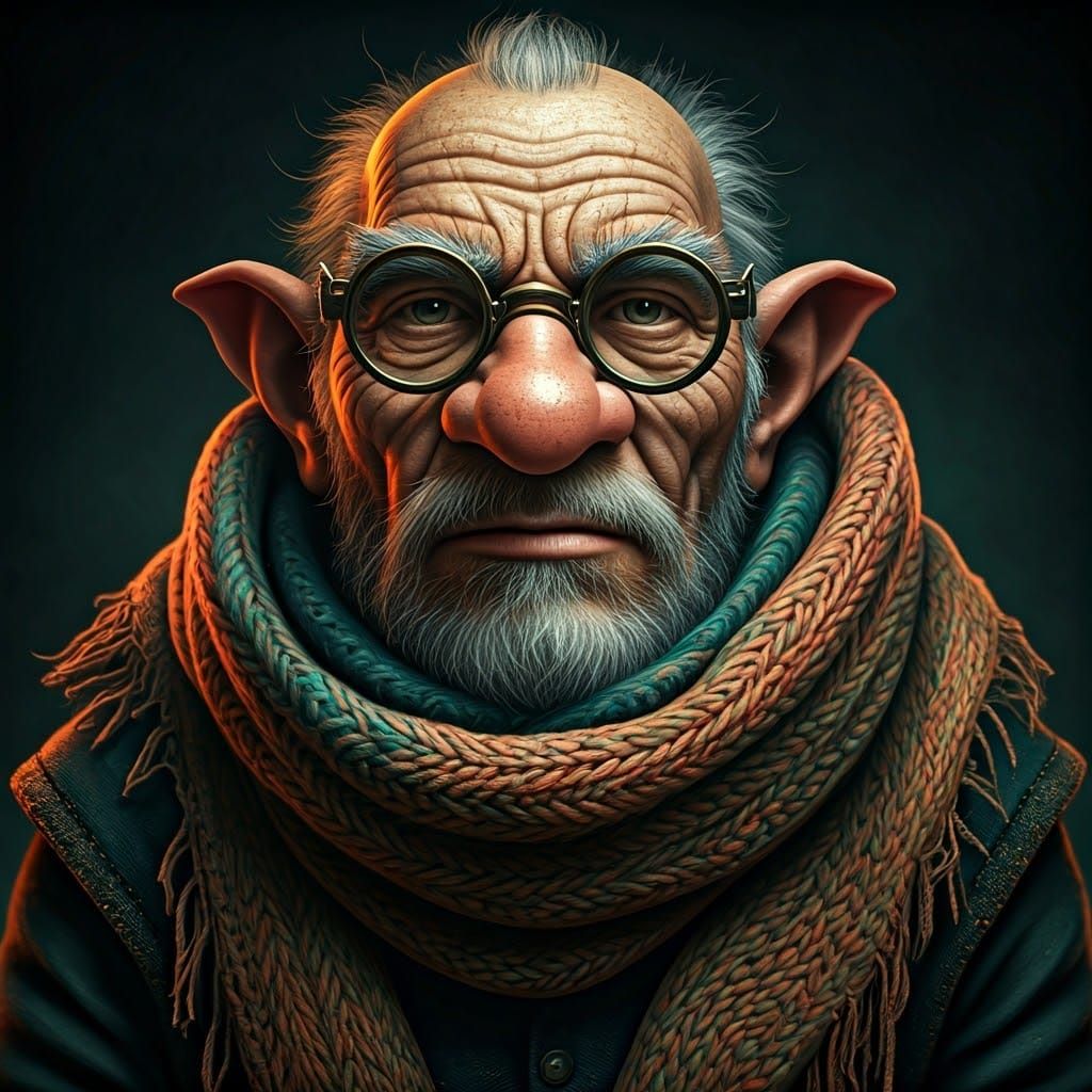 Stoic Gnome Inventor in Intricate Knit Scarf
