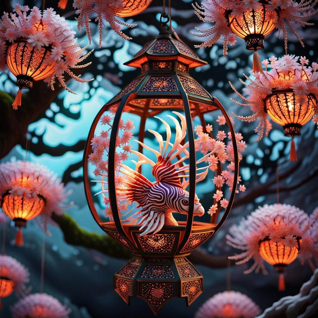 Surreal Lionfish-Stork in Japanese Garden with Lanterns