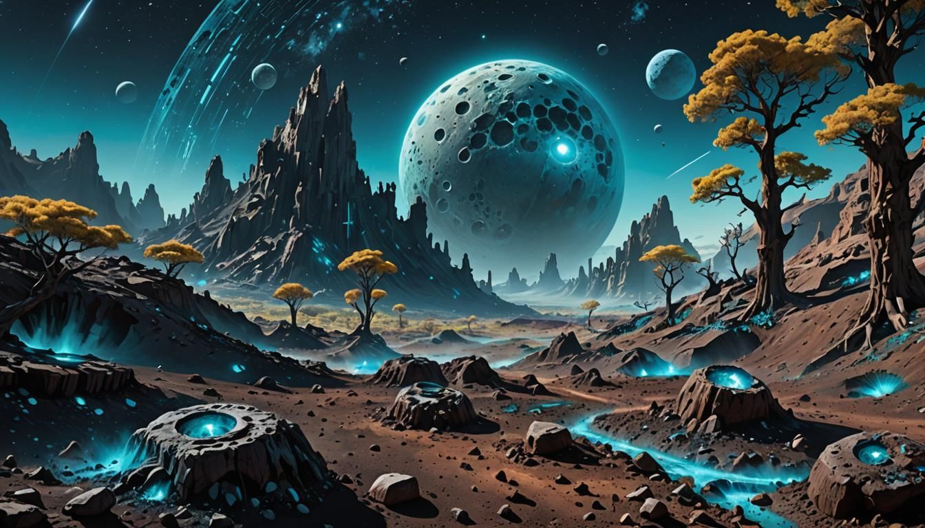 Alien Landscape with Digital Trees in Space