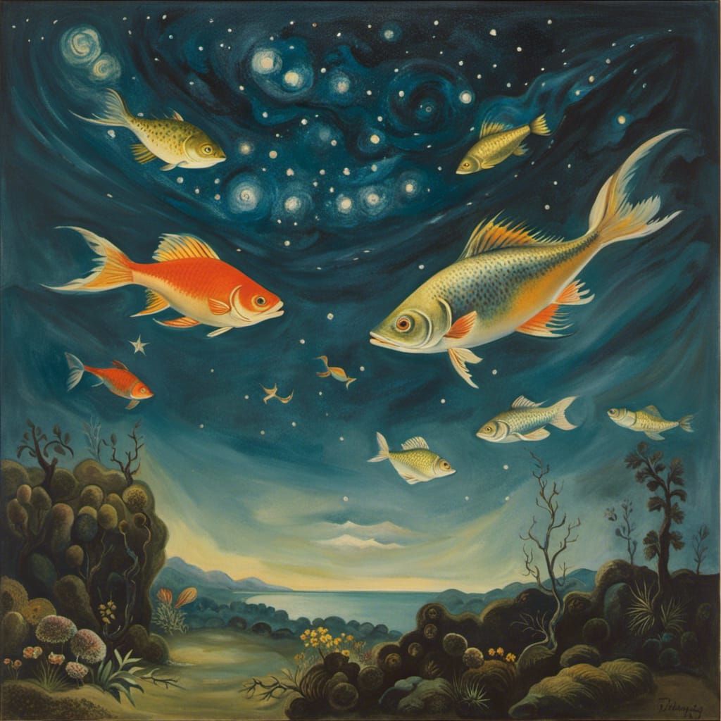 Dreamlike Glowing Fish in Starry Night Sky