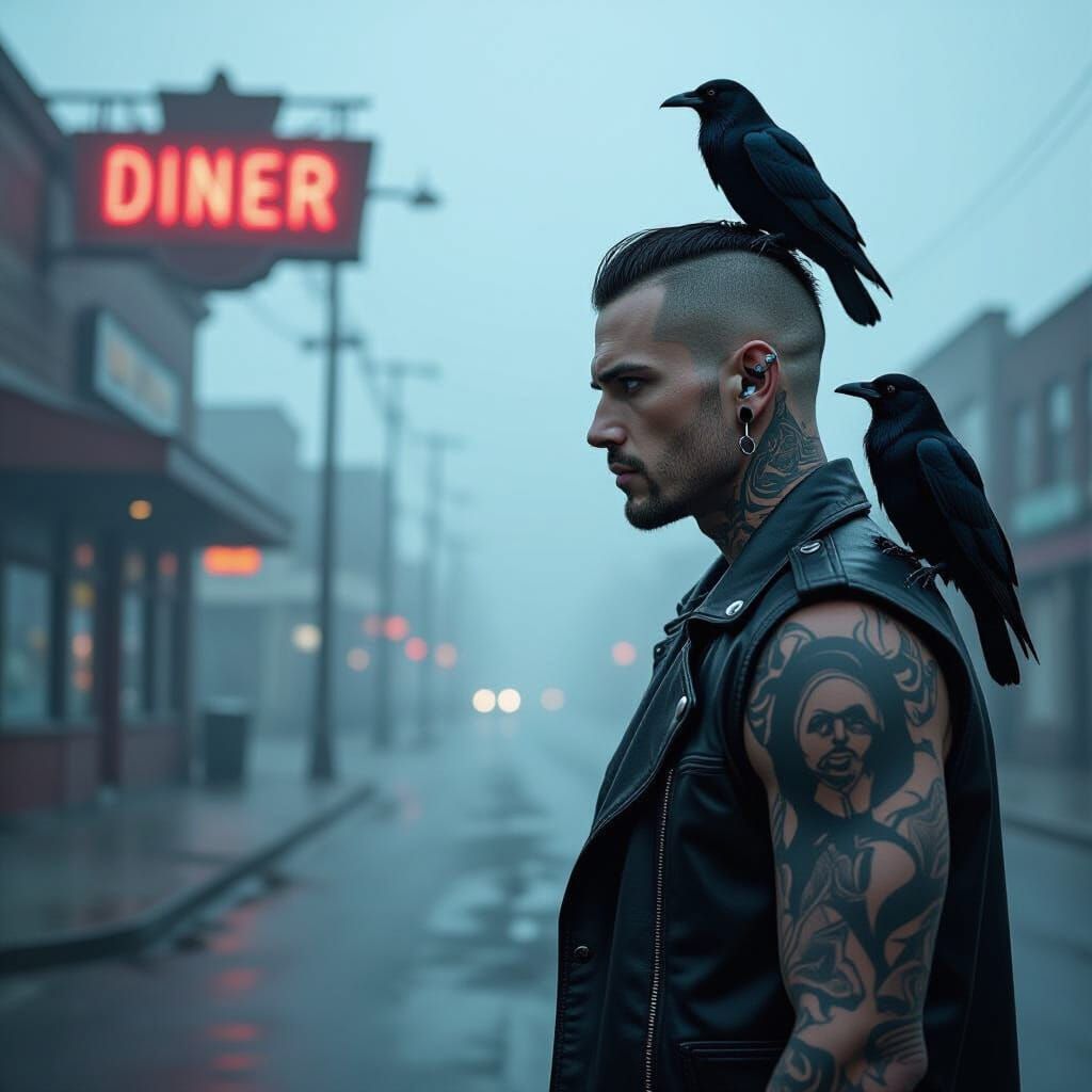 Man with Raven Tattoo on Rainy Noir Street