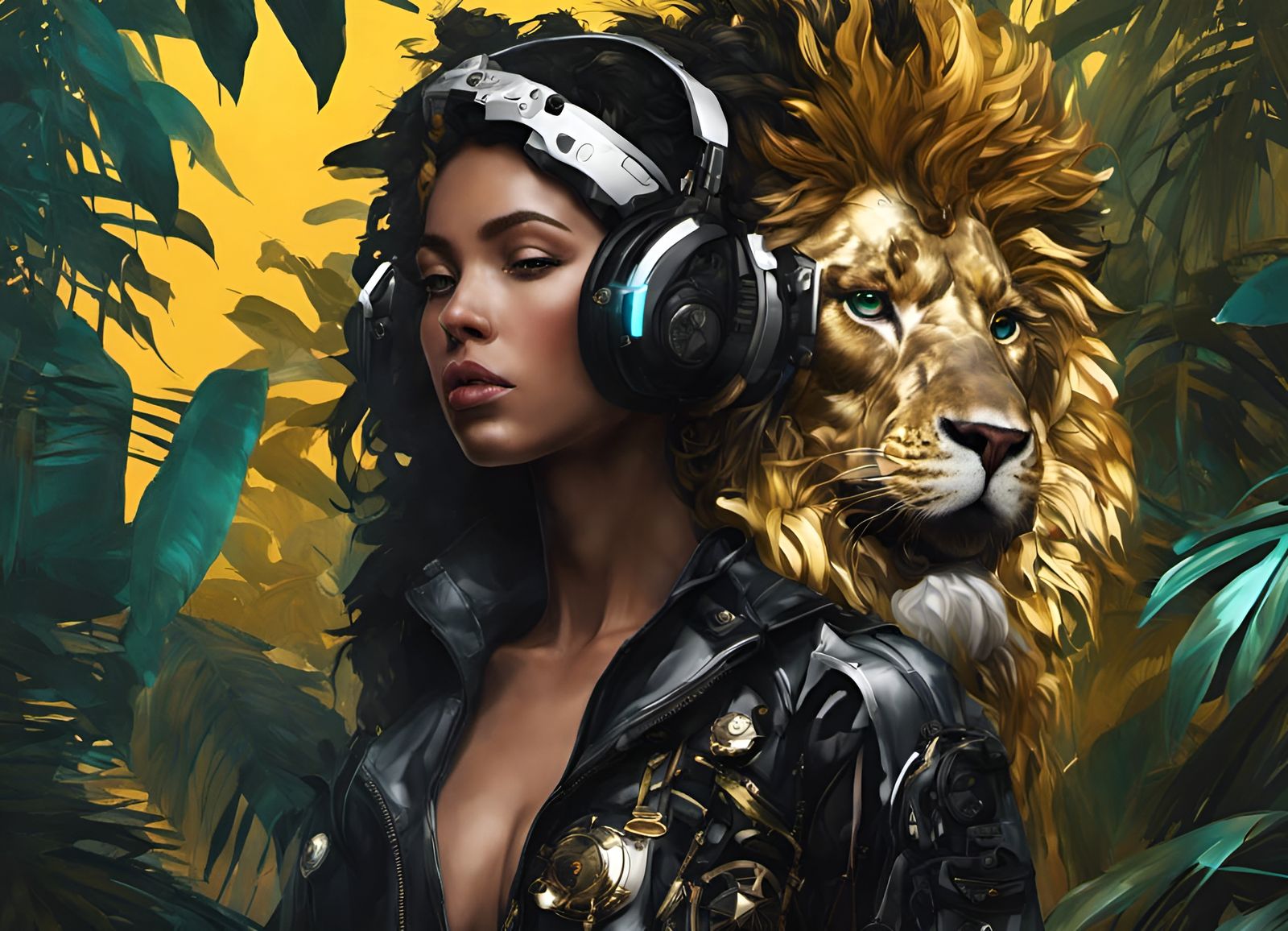 Cyberpunk Lion in Jungle, Digital Art Style