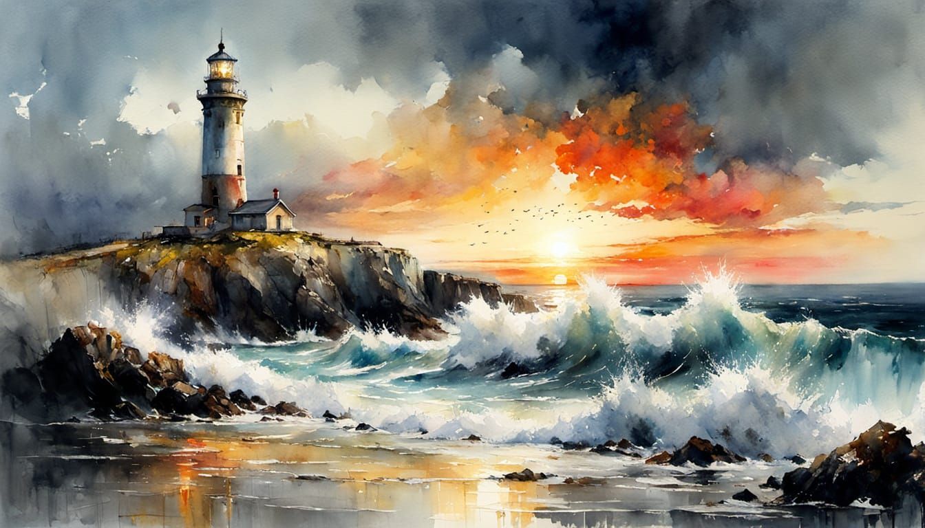 Watercolor Lighthouse on Rocky Coast at Sunset