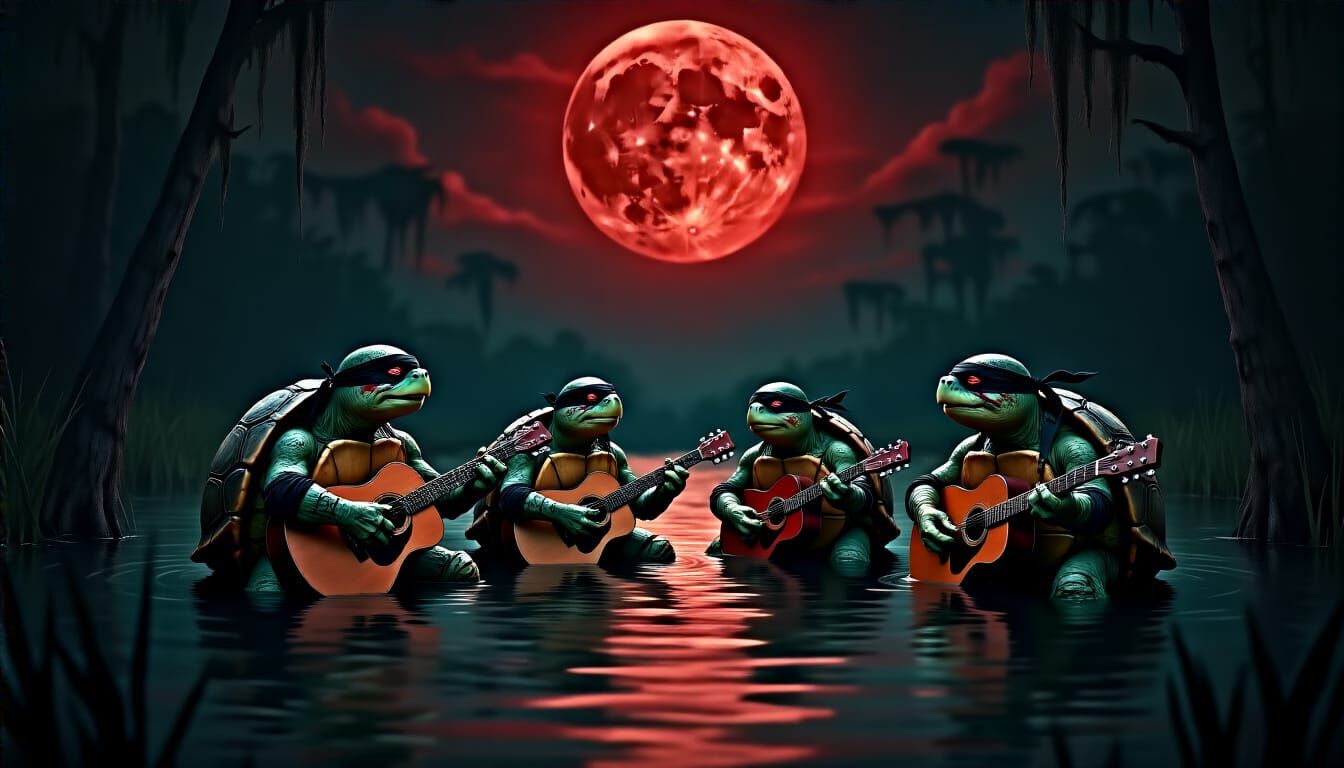 Emo Turtles Band Performing in Dimly Lit Swamp