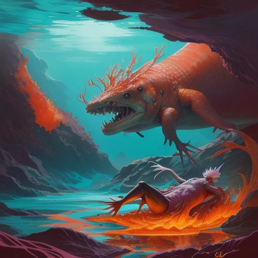 Mystical Axolotl Lounging in Volcanic Waters