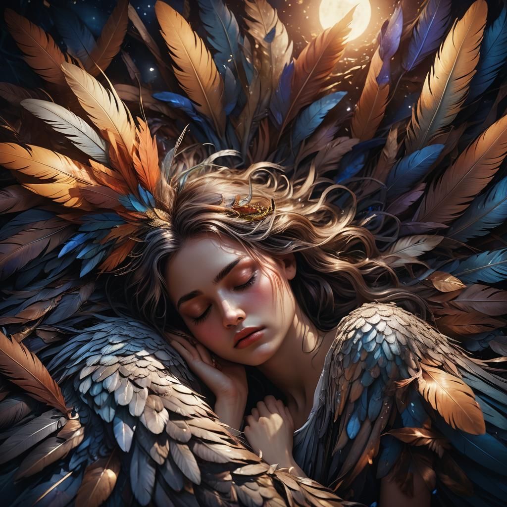Ethereal Bird Girl Sleeping in Whispering Shadows