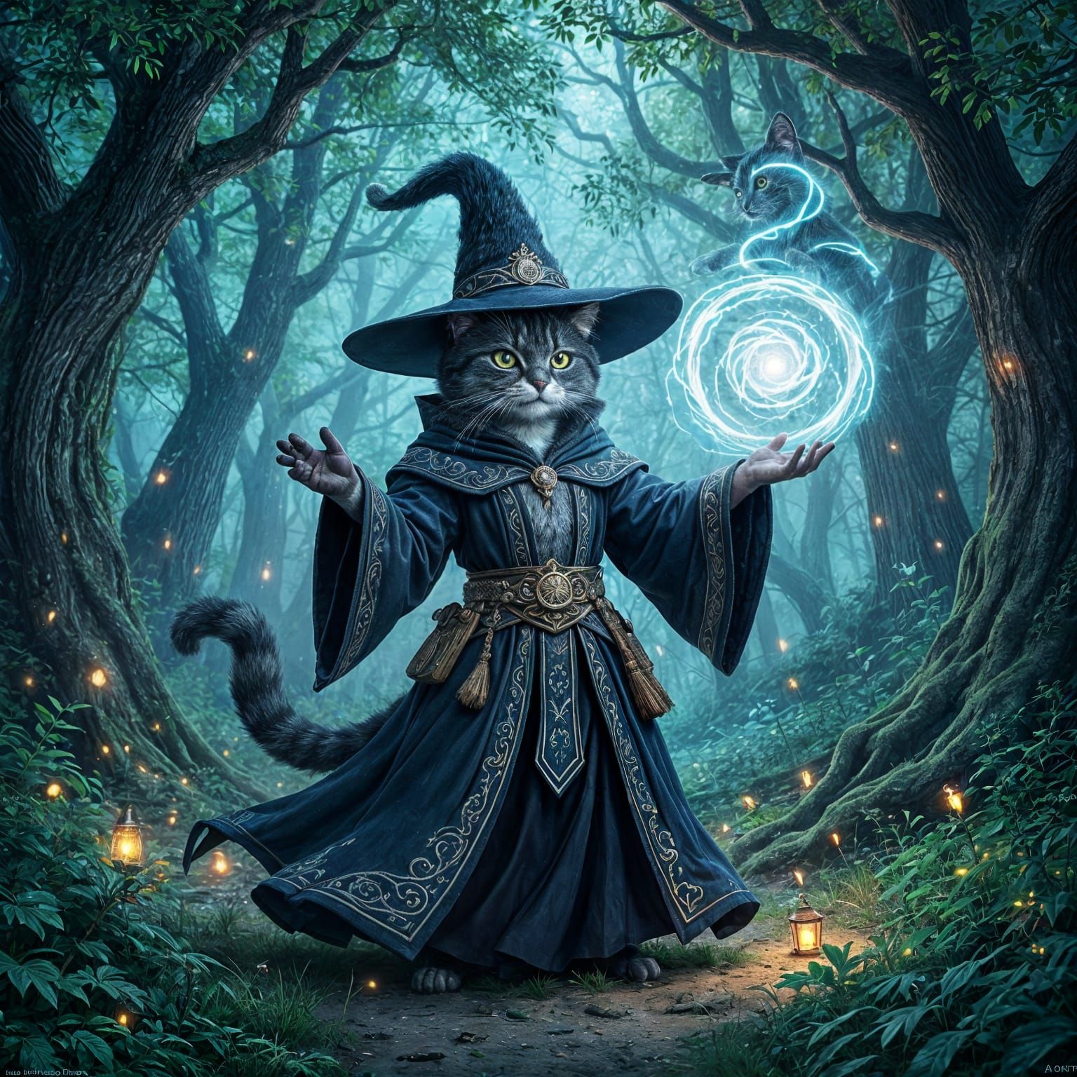 Cat Wizard Conjuring Magic in Forest, Oil Painting