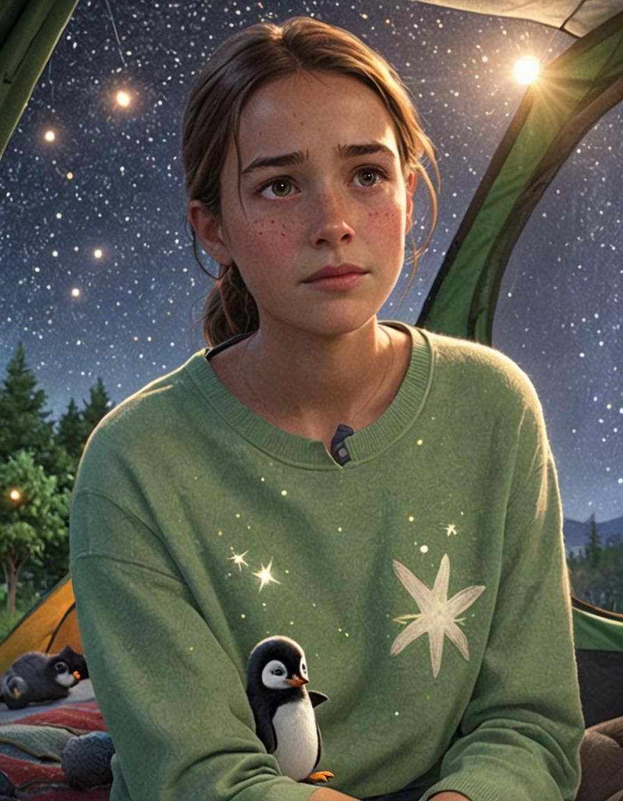 Girl and Penguin Camping Under Stars, 3D Digital Art