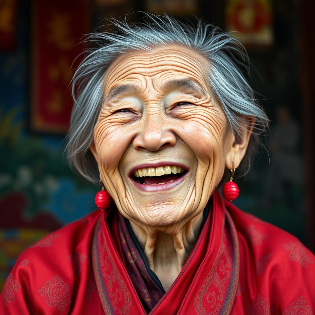 Joyful Elderly Chinese Lady in Traditional Attire