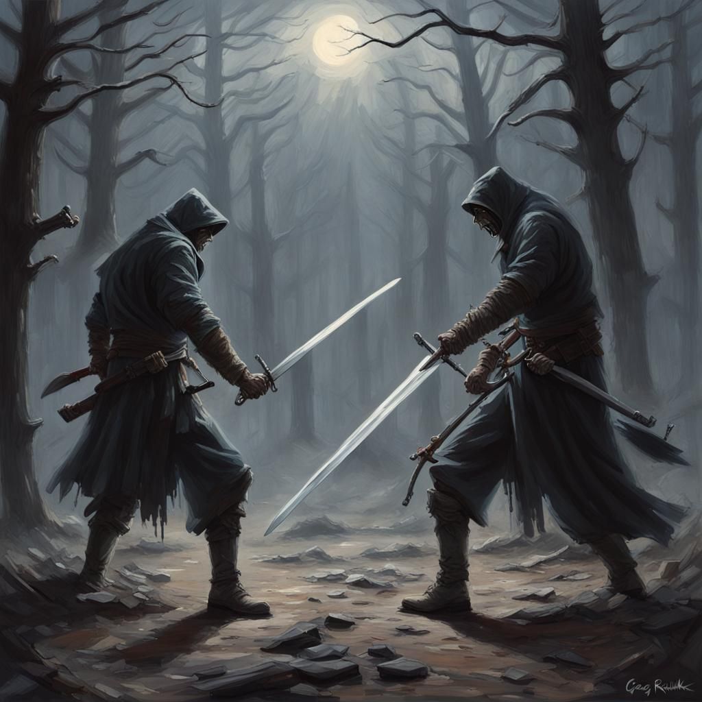 Sinister Midnight Duel: A Dark Fantasy Illustration