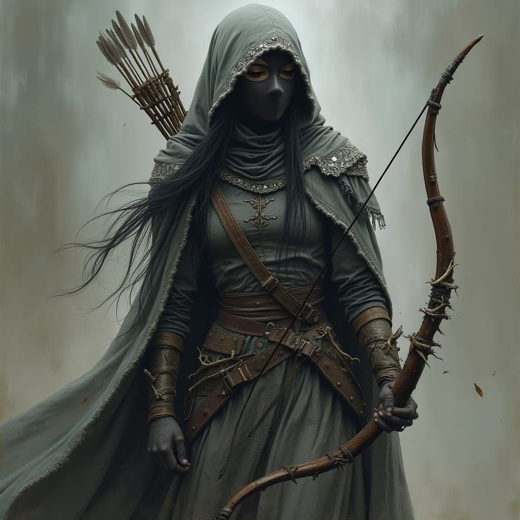 Mysterious Female Ranger in Dark Fantasy Armor and Ashen Gre...