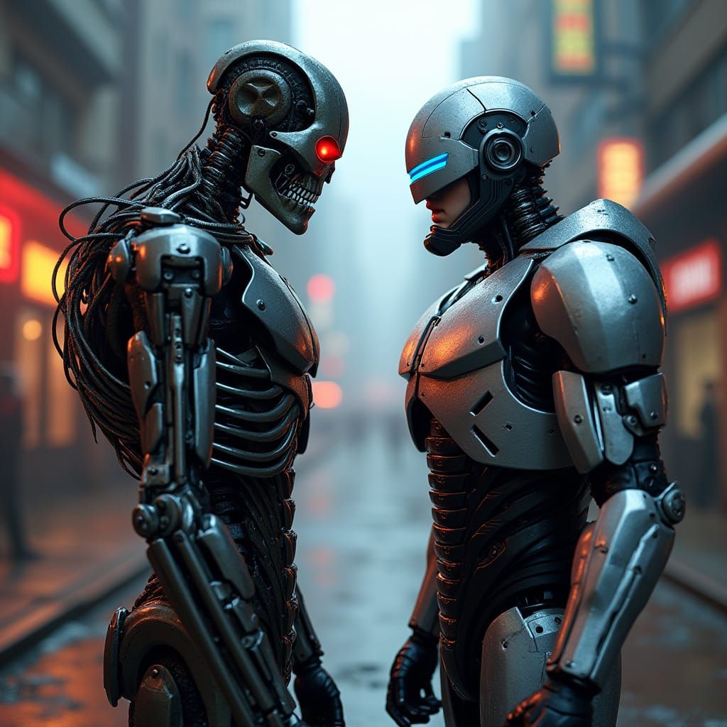 Cyborg Showdown in Dystopian Metropolis