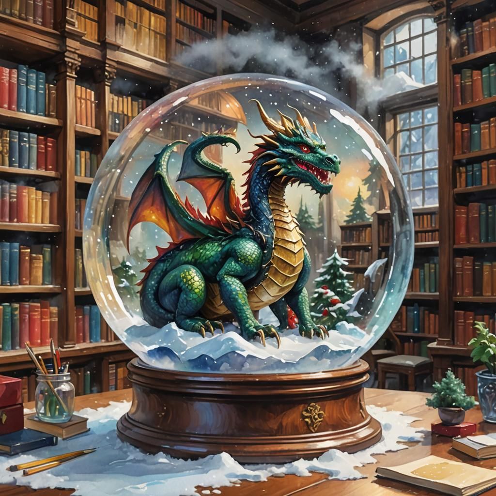 Dragon in Snow Globe: Gouache Impressionist Painting