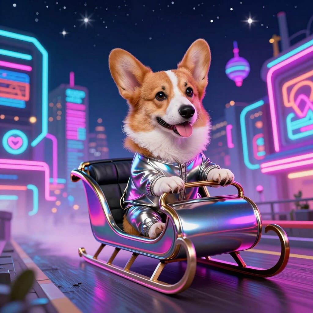 Retro Corgi Pilot Soars Through Neon Cityscape