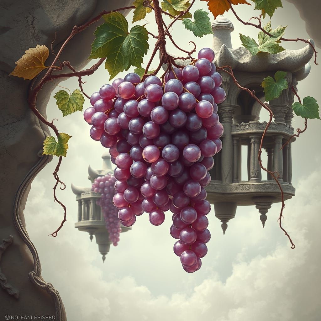 Surreal Vines Wrap Ancient Stone Structures in Ethereal Clou...