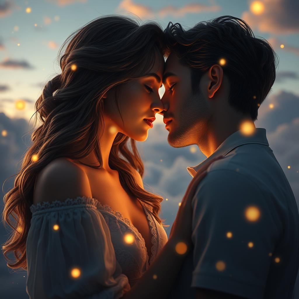 Romantic Forehead Kiss Portrait with Fireflies