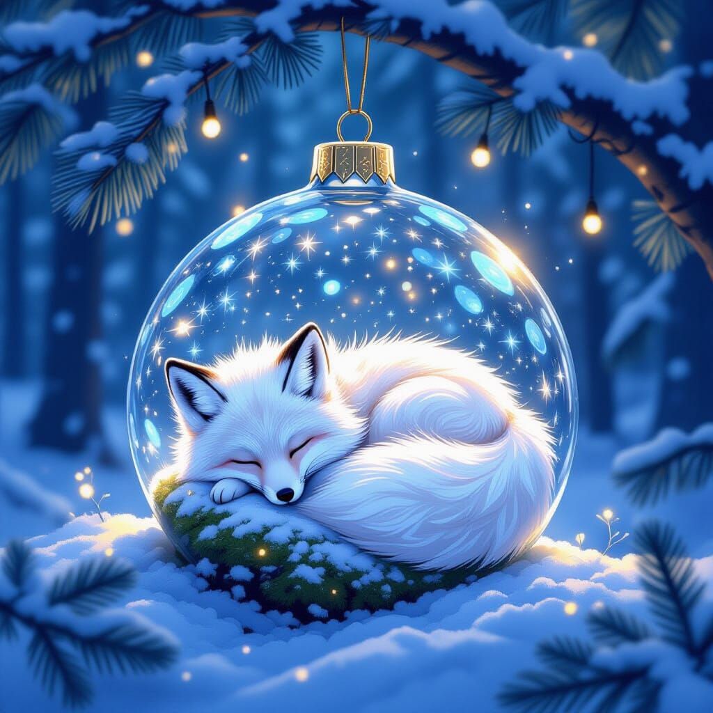 Arctic Fox in Glass Ornament, Fairytale Winter Scene