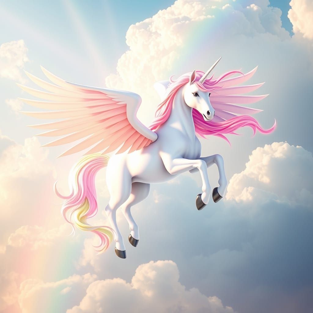 Winged Unicorn Soaring Through Rainbow Sky: Anime Style