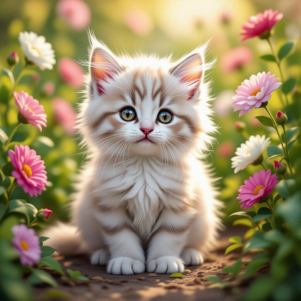 Fluffy White Kitten in Blooming Garden