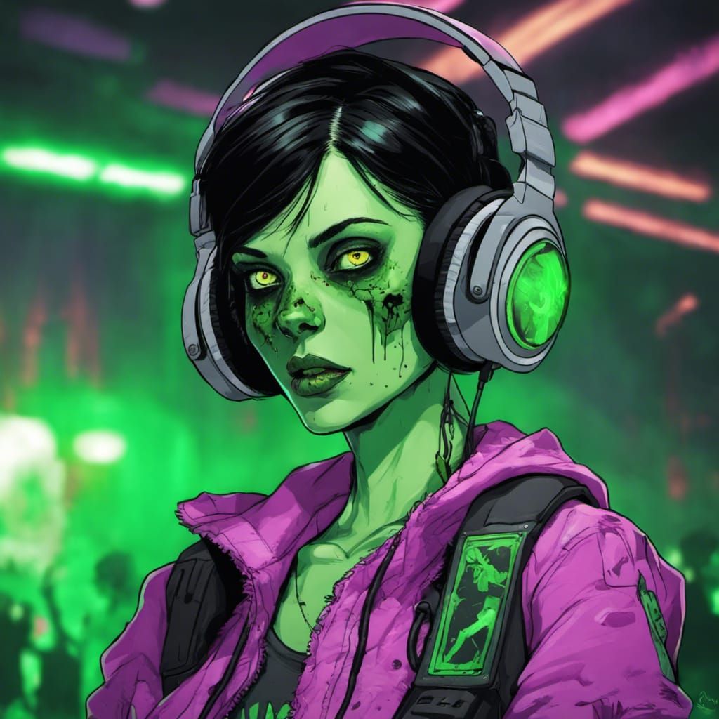 Technopunk Zombie Girl DJ in Sinister Nightclub