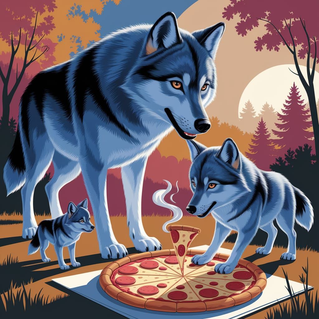 Whimsical Wolves Drawing Pizza in Digital Art Style