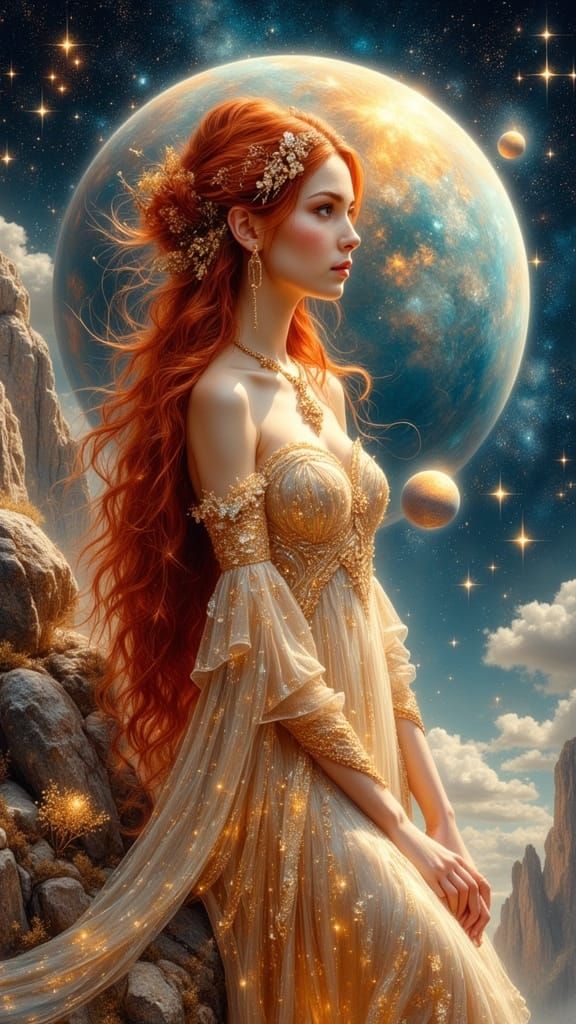 Surreal Pre Raphaelite Woman in Ethereal Sci Fi Landscape