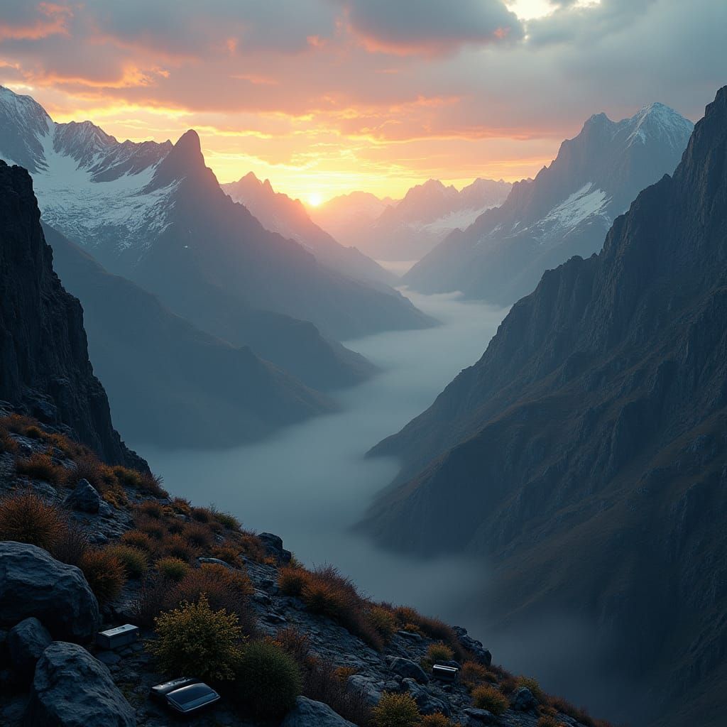 Majestic Digital Mountain Landscape with Integrated Technolo...