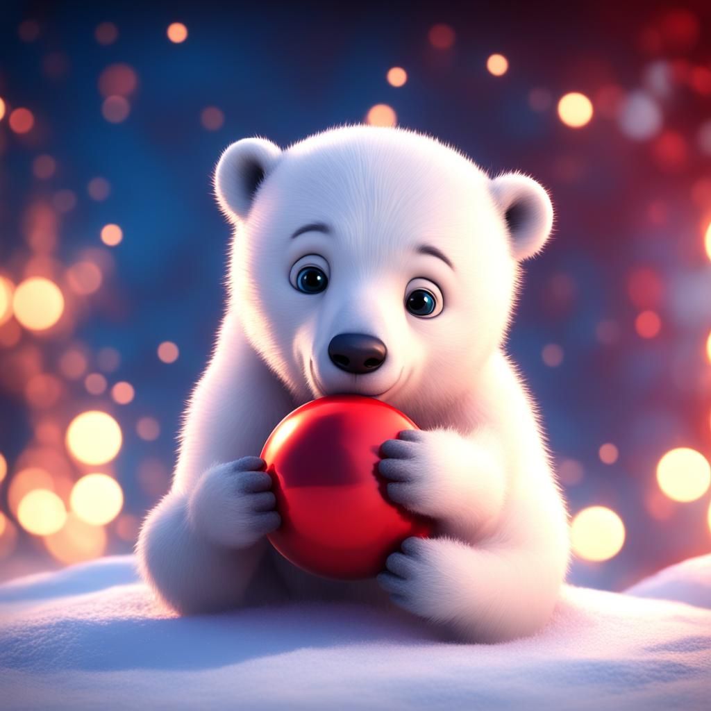 Cute baby polar bear playing in the snow with a red ball , stars in the sky and christmas lights shining. Pixar, Disney...