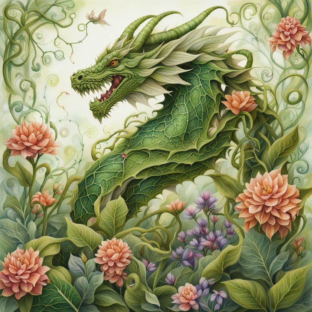 Botanical Dragon in Floral Fantasy Art