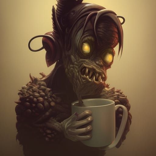 Adorable Horror Monster Drinks Coffee: Hyperrealistic Portra...